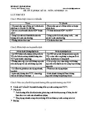 Đề ôn tập học kỳ II môn Sinh học Lớp 10 - Trường THPT Quang Trung
